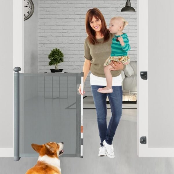 SPY KIDS® Retractable Dog & Baby Gate - Mesh Safety Gate for Babies & Pets | No Drill Installation | 140CM | Gray