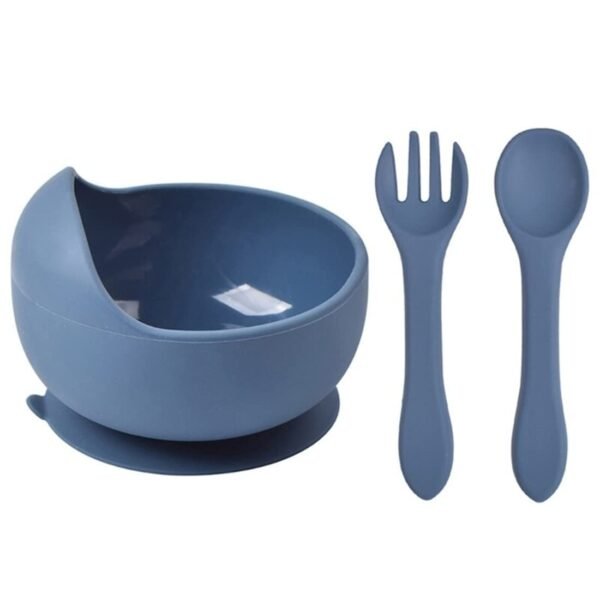 SPY KIDS Silicone Baby Feeding Set - 3Pcs Bowl, Spoon & Fork | Non-Slip Suction, Microwave & Dishwasher Safe, Unbreakable, Easy Clean - Blue