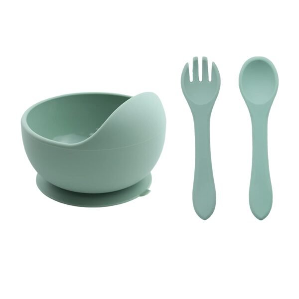 SPY KIDS Silicone Baby Feeding Set - 3Pcs Bowl, Spoon & Fork | Non-Slip Suction, Microwave & Dishwasher Safe, Unbreakable, Easy Clean - Green
