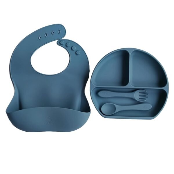 SPY KIDS Silicone Tableware Kit for Baby - 4Pcs BPA-Free, Microwave Safe | Suction Plate, Spoon, Fork & Bib | Food Grade, Anti-Slip - Aqua
