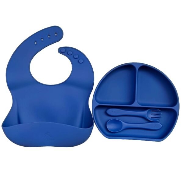 SPY KIDS Silicone Tableware Kit for Baby - 4Pcs BPA-Free, Microwave Safe | Suction Plate, Spoon, Fork & Bib | Food Grade, Anti-Slip - Blue