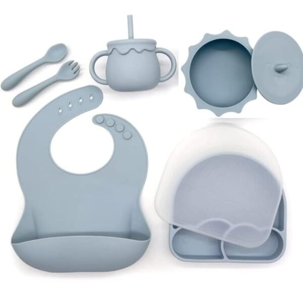 SPY KIDS® 7-Piece Silicone Baby Feeding Set | BPA-Free Tableware Kit for Toddlers | Suction Plate, Bowl, Cup, Spoon, Fork & Bib | Microwave & Dishwasher Safe - Aqua