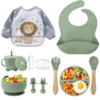 SPY KIDS Silicone Baby Feeding Set - 13Pcs BPA-Free, Microwave Safe, Anti-Slip | Complete Tableware Kit for Babies & Toddlers with Suction Plate, Bowl,Sippy Cup, Bib, Water Proof Cloth Bib, Spoon, Fork and Silicone Baby Finger Brush With Case