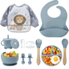 SPY KIDS Silicone Baby Feeding Set -13Pcs BPA-Free, Microwave Safe, Anti-Slip | Complete Tableware Kit for Babies & Toddlers with Suction Plate, Bowl,Sippy Cup, Bib, Water Proof Cloth Bib, Spoon, Fork and Silicone Baby Finger Brush With Case