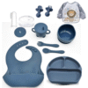 SPY KIDS® 13Pcs Silicone Baby Feeding Set | BPA-Free, Microwave Safe | Suction Plate, Suction Bowl, 2in1 Cup, Spoon, Fork, Small Spoon & Fork, Silicone Bib, Cloth Bib, Finger Brush with Case | Blue