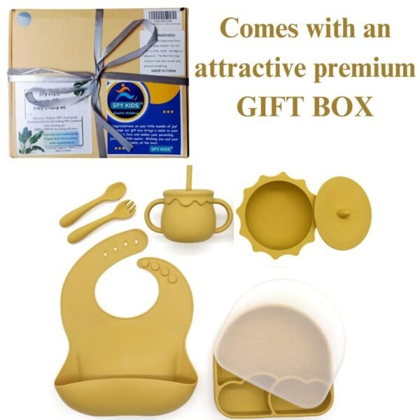 SPY KIDS® 7-Piece Silicone Baby Feeding Set | BPA-Free Tableware Kit for Toddlers | Suction Plate, Bowl, Cup, Spoon, Fork & Bib | Microwave & Dishwasher Safe - Bold Yellow
