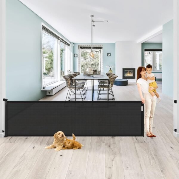 SPY KIDS® Retractable Dog & Baby Gate - Mesh Safety Gate for Babies & Pets | No Drill Installation | Wide 140 cm | 86 cm Height | Ideal for Doorways, Stairs & Hallways | Indoor/Outdoor - 300 cm, Black