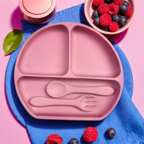 SPY KIDS® Silicone Strong Suction Plate with Spoon & Fork for Babies & Toddlers – 100% Food Grade, BPA-Free – Self-Feeding Set (24+ Months) - Rose Pink - Dark Pink