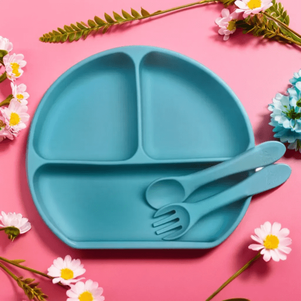 SPY KIDS® Silicone Strong Suction Plate with Spoon & Fork for Babies & Toddlers – 100% Food Grade, BPA-Free – Self-Feeding Set (24+ Months) - Rose Pink - Aqua